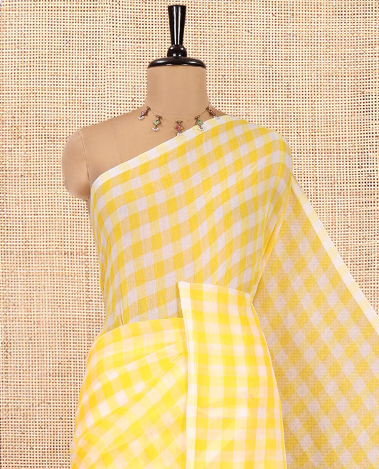 Borderless Yellow  Khadi Mul Cotton Saree, Adorned with Micro-Checks and No Blouse