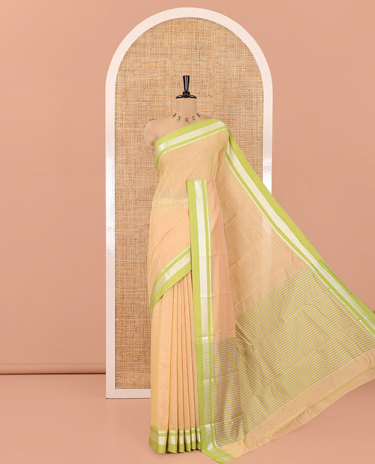 Light Yellow Mercerised Cotton Saree with Sparse Stripes, a Contrast Temple Border, Striped Pallu, and a Matching Blouse