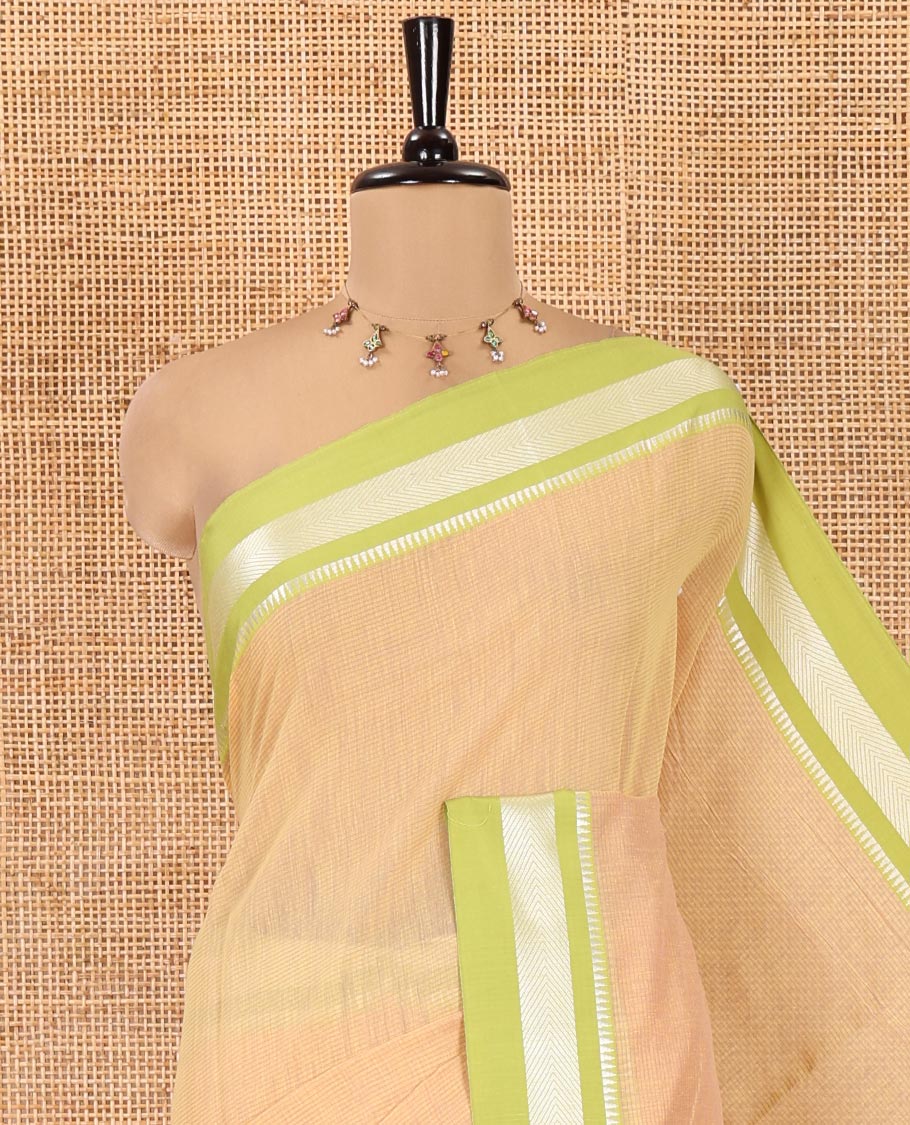 Light Yellow Mercerised Cotton Saree with Sparse Stripes, a Contrast Temple Border, Striped Pallu, and a Matching Blouse