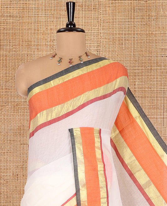 Cream Plain Khadi Mul Cotton Saree, Complemented by a Contrast Orange Zari Border, a Self-Pallu, and No Blouse