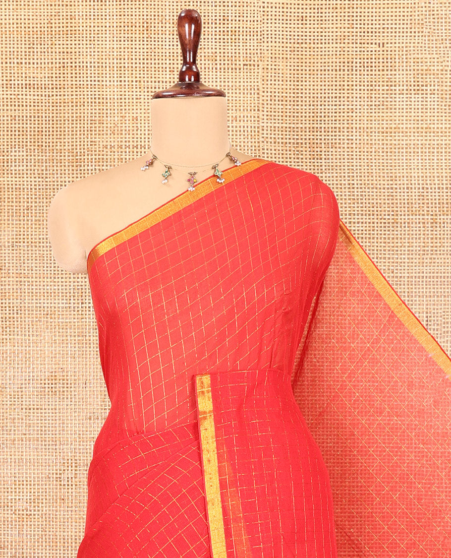 Red Khadi Mul Cotton Saree, Subtly Sparkled With Zari Checks, a Zari Piping Border and No Blouse