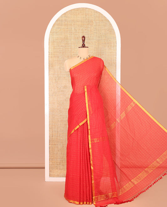 Red Khadi Mul Cotton Saree, Subtly Sparkled With Zari Checks, a Zari Piping Border and No Blouse