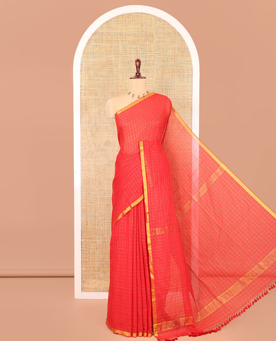 Red Khadi Mul Cotton Saree, Subtly Sparkled With Zari Checks, a Zari Piping Border and No Blouse