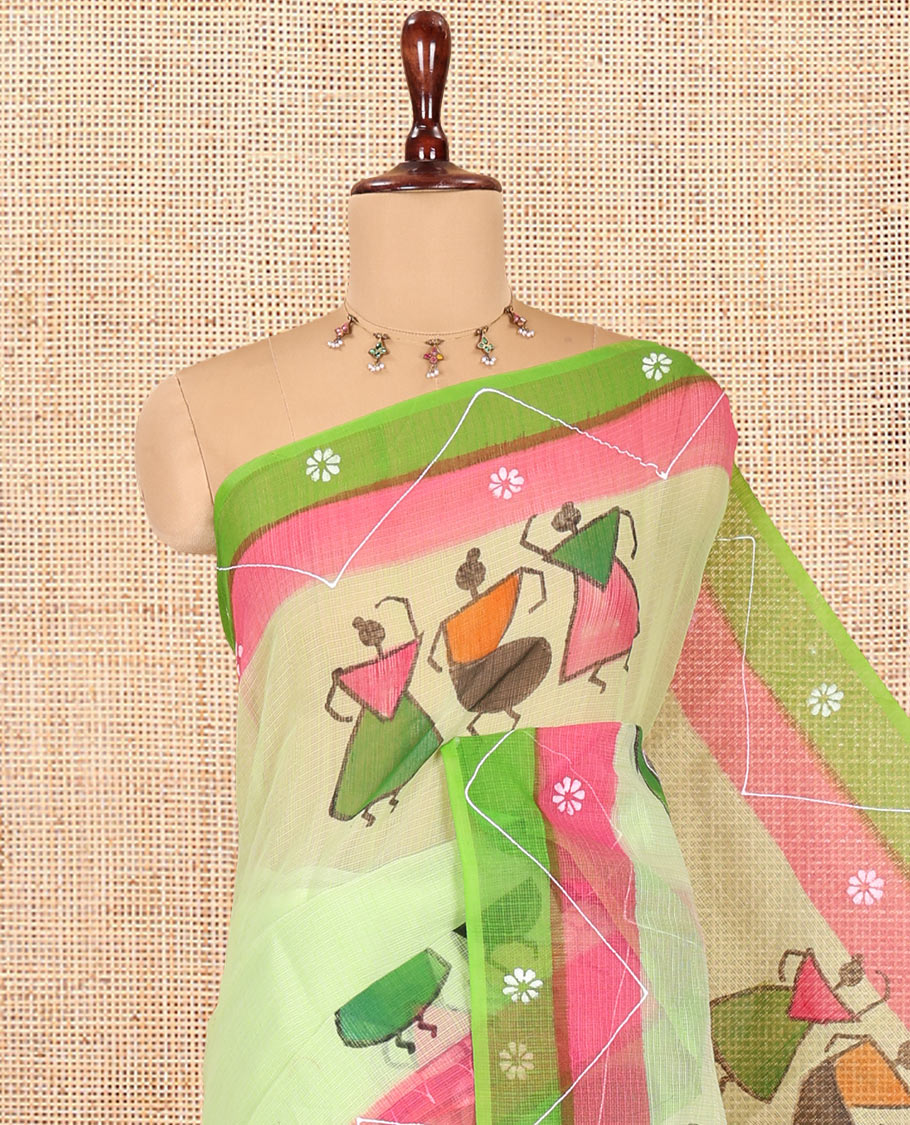 Parrot Green Kota Doria Saree with Artful Warli Print, a Contrast Border, Village Printed Pallu, and a Matching Blouse