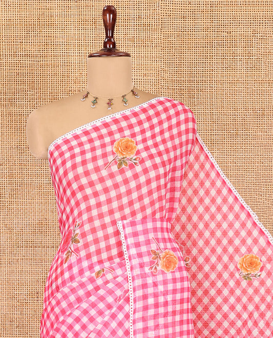 Pink Linen Cotton Saree, Adorned with Checks and a Floral Print, Lace Border, a Self-Pallu, and a Contrast Blouse