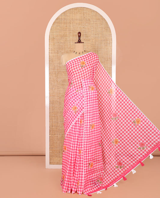 Pink Linen Cotton Saree, Adorned with Checks and a Floral Print, Lace Border, a Self-Pallu, and a Contrast Blouse