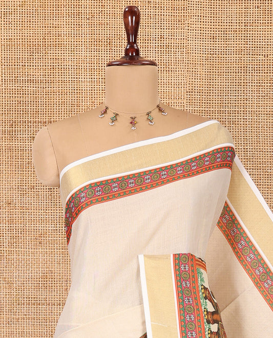Cream Plain Kerala Cotton Saree, Self-Border of Elephant Motifs, Printed Pallu, and a Contrast Blouse