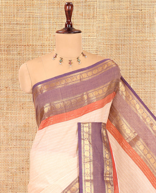Chikku Striped Chettinad Cotton Saree, Complemented by a Contrast Traditional Rettai Pettu Border, Striped Pallu, and a Matching Blouse