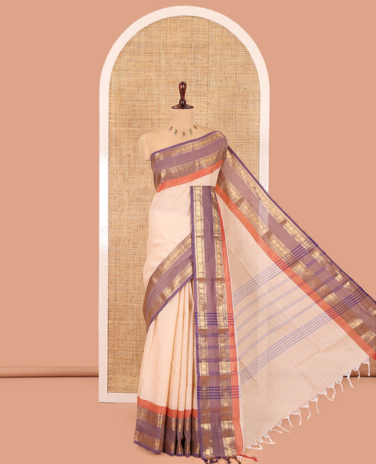 Chikku Striped Chettinad Cotton Saree, Complemented by a Contrast Traditional Rettai Pettu Border, Striped Pallu, and a Matching Blouse