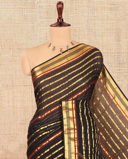 Black Khadi Mul Cotton Saree, Elevated with Horizontal Gold Zari Stripes, a Zari Border, Self-Pallu, and No Blouse