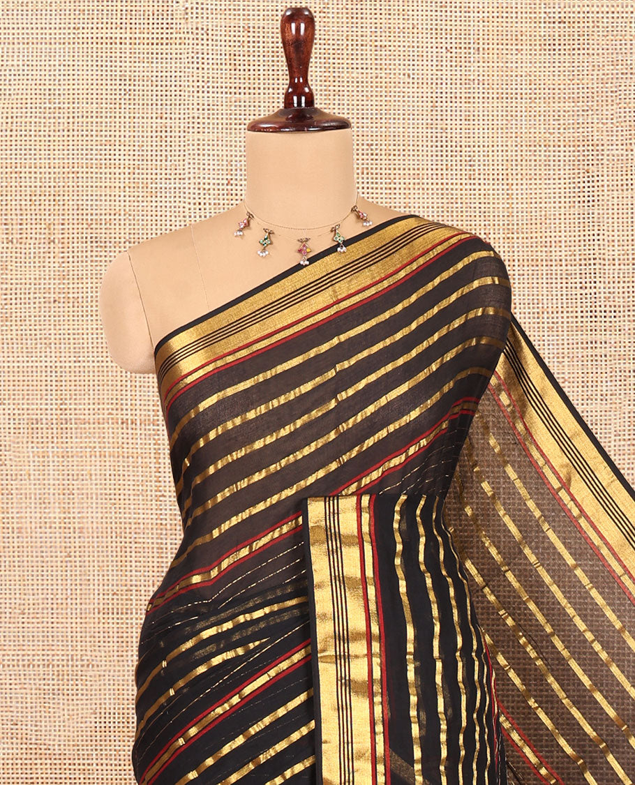 Black Khadi Mul Cotton Saree, Elevated with Horizontal Gold Zari Stripes, a Zari Border, Self-Pallu, and No Blouse