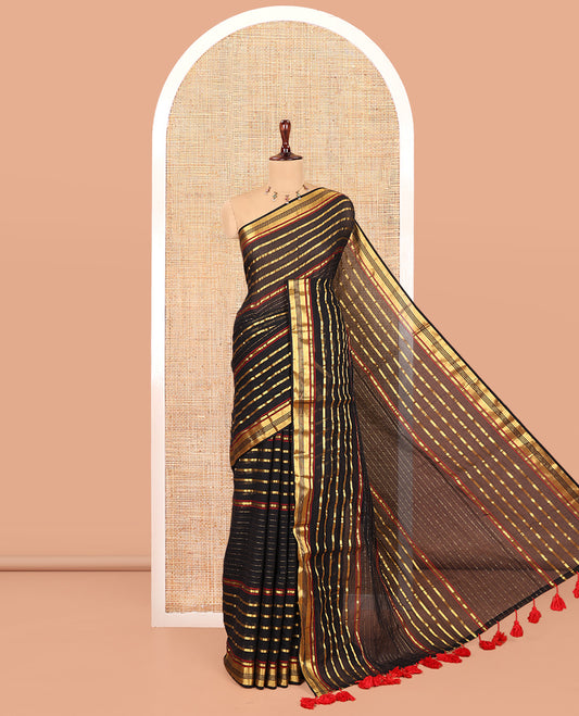 Black Khadi Mul Cotton Saree, Elevated with Horizontal Gold Zari Stripes, a Zari Border, Self-Pallu, and No Blouse