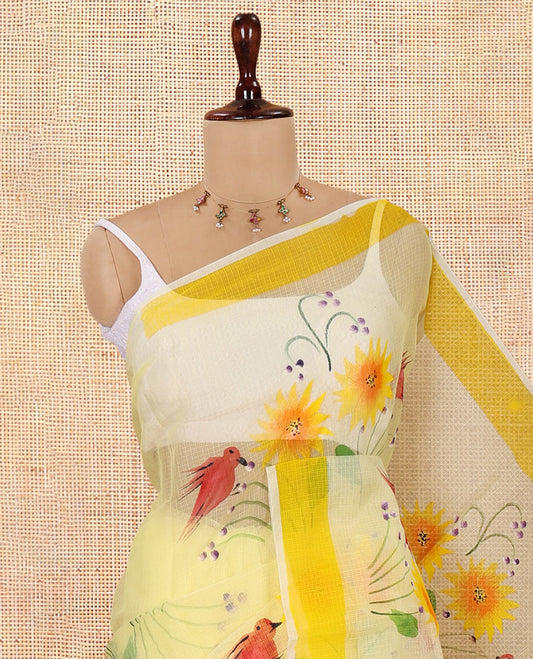 Yellow Kota Doria Saree, Adorned with a Floral-Bird Hand-Brush Painting-Style Print, a Contrast Border, and a Matching Blouse
