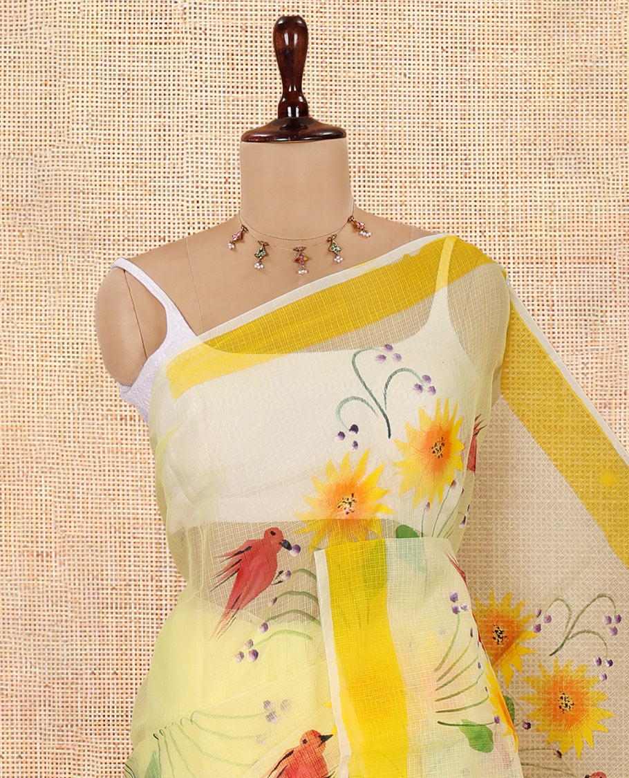Yellow Kota Doria Saree, Adorned with a Floral-Bird Hand-Brush Painting-Style Print, a Contrast Border, and a Matching Blouse