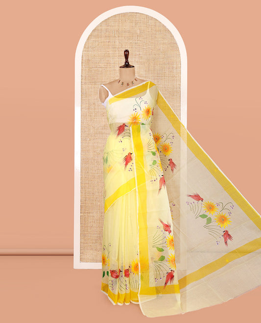 Yellow Kota Doria Saree, Adorned with a Floral-Bird Hand-Brush Painting-Style Print, a Contrast Border, and a Matching Blouse