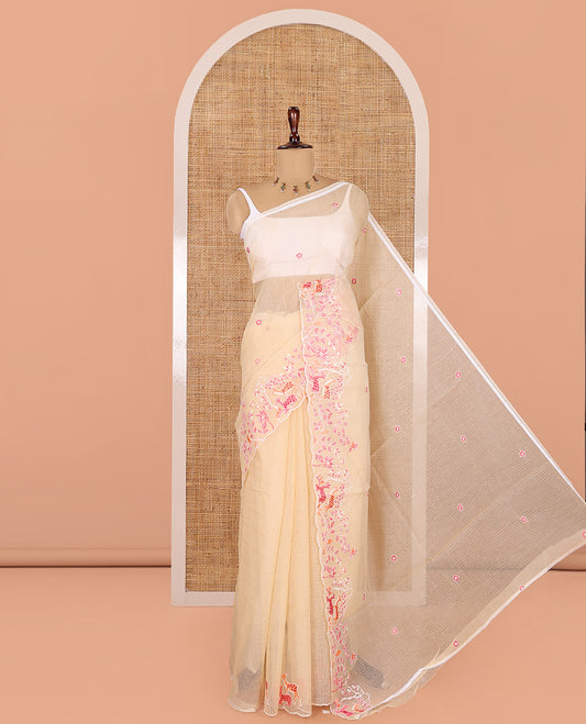 Chikku Kota Doria Saree, Delicately Woven with Floral and Deer Embroidery, a Scallop Border, and a Contrast Deer Embroidery Blouse