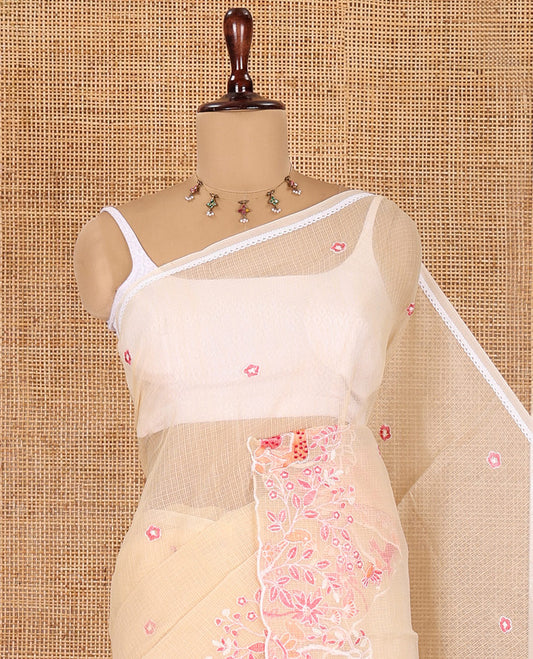 Chikku Kota Doria Saree, Delicately Woven with Floral and Deer Embroidery, a Scallop Border, and a Contrast Deer Embroidery Blouse
