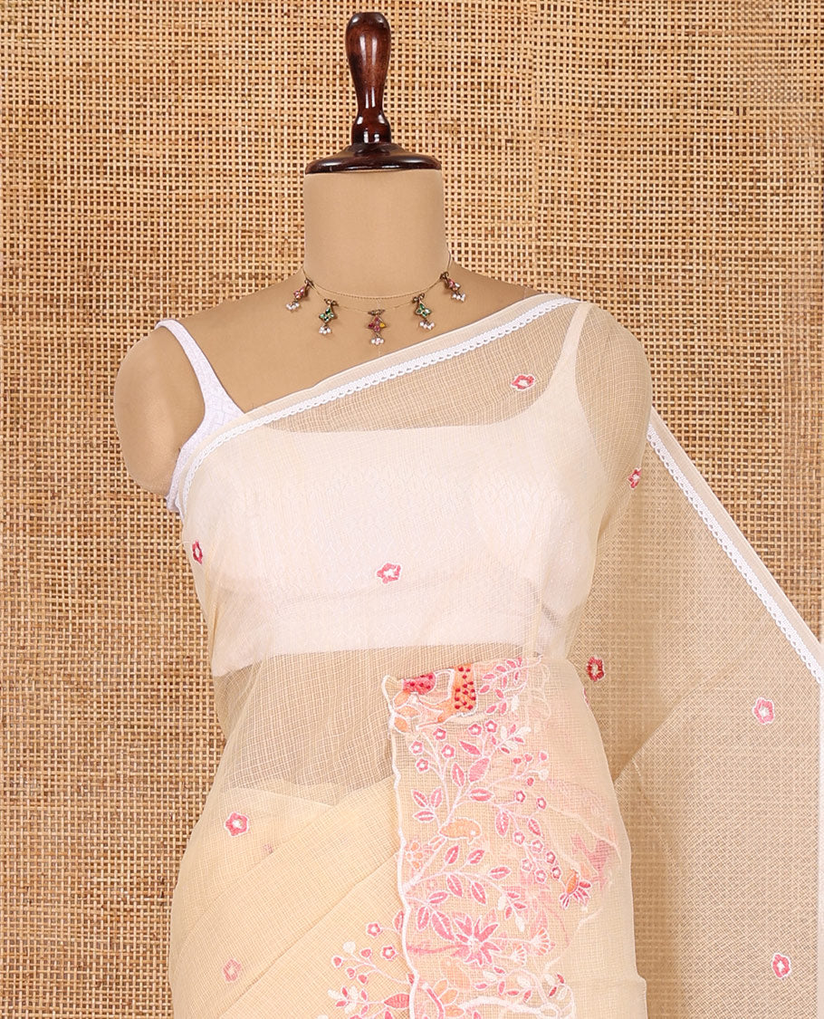 Chikku Kota Doria Saree, Delicately Woven with Floral and Deer Embroidery, a Scallop Border, and a Contrast Deer Embroidery Blouse