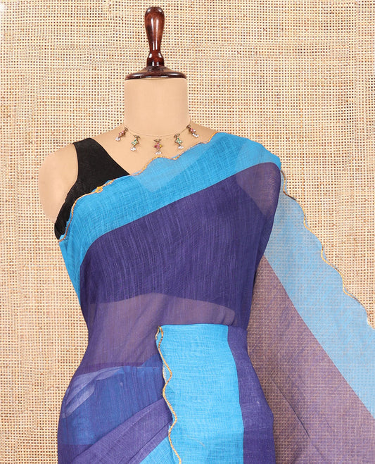 Violet Plain Linen Cotton Saree, Contrast Plain Scallop Border, a Self-Pallu, and Contrast Kalamkari Printed Blouse