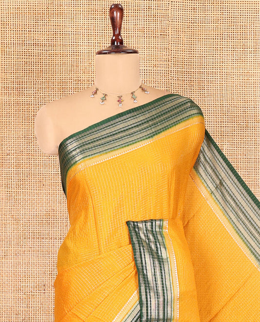 Yellow Zari Checked Art Crepe Saree, Contrast Horizontal Striped Border, Zari Striped Pallu, and a Contrast Blouse