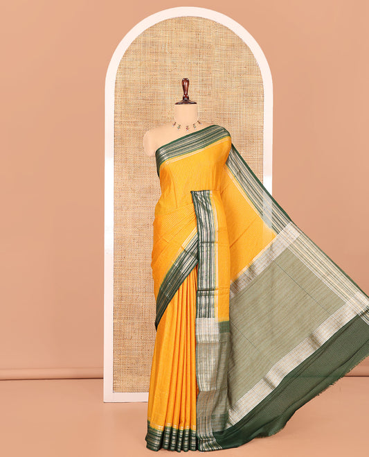 Yellow Zari Checked Art Crepe Saree, Contrast Horizontal Striped Border, Zari Striped Pallu, and a Contrast Blouse