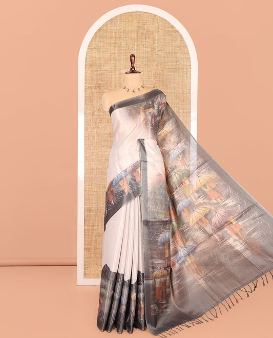 Gold Rain-Themed Printed Tissue Saree Features People with Umbrellas, a Contrast Zari Border, and a Matching Blouse