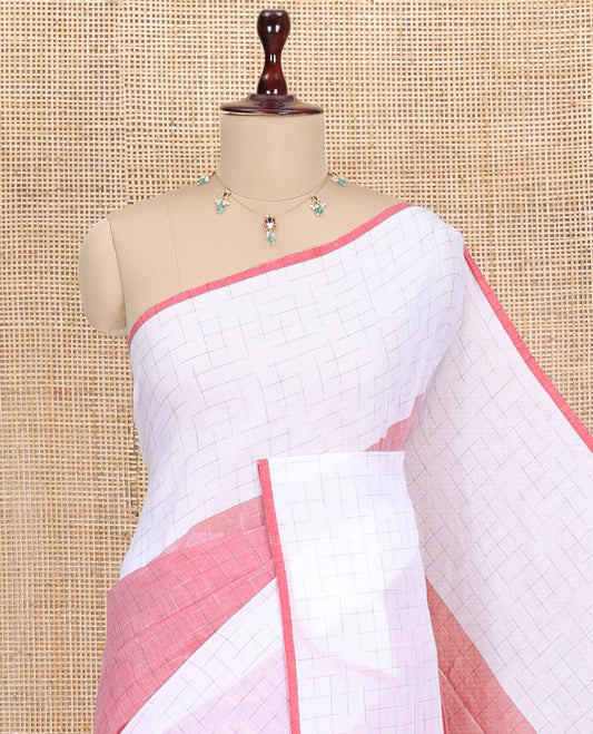 Light Pink-White Khadi Mul Cotton Saree, Subtly Sparkled with Geometric Print, Complemented by a Contrast Border, and No Blouse