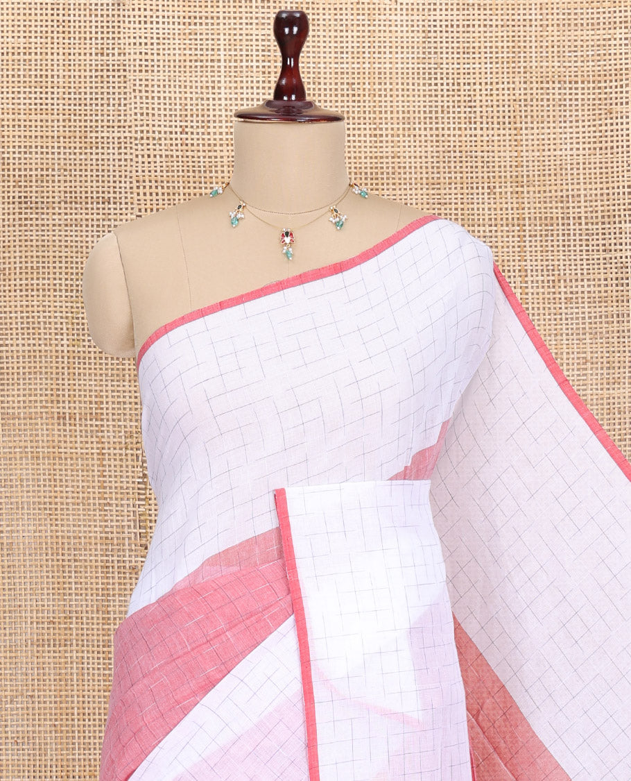 Light Pink-White Khadi Mul Cotton Saree, Subtly Sparkled with Geometric Print, Complemented by a Contrast Border, and No Blouse