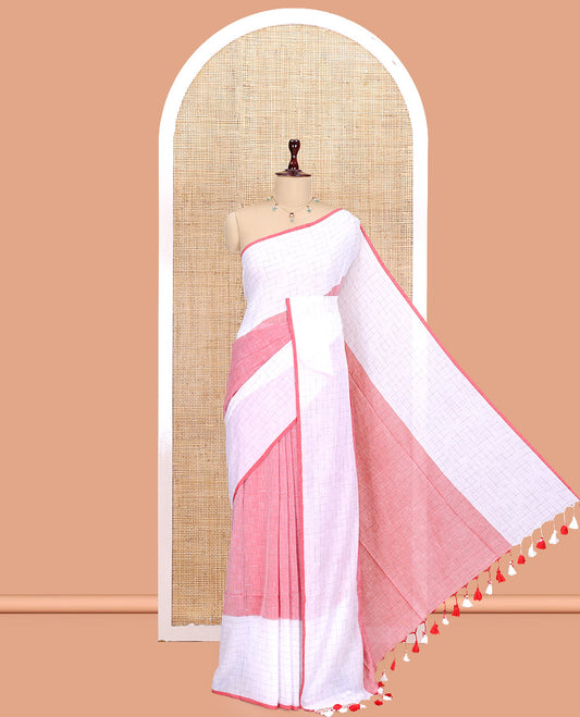 Light Pink-White Khadi Mul Cotton Saree, Subtly Sparkled with Geometric Print, Complemented by a Contrast Border, and No Blouse