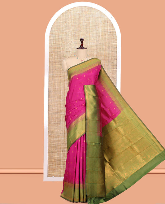 Magenta Art Kanchi Silk Saree, Adorned with Buttas, a Contrast Traditional Zari Border, Intricate Pallu, and a Contrast Blouse