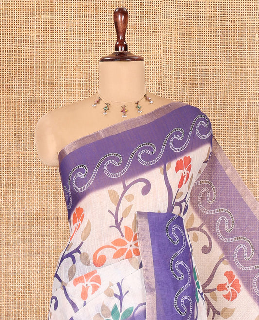 Violet Linen Cotton Saree Features Floral Vine Print, a Contrast Border, Paisley-Printed Pallu, and a Contrast Blouse