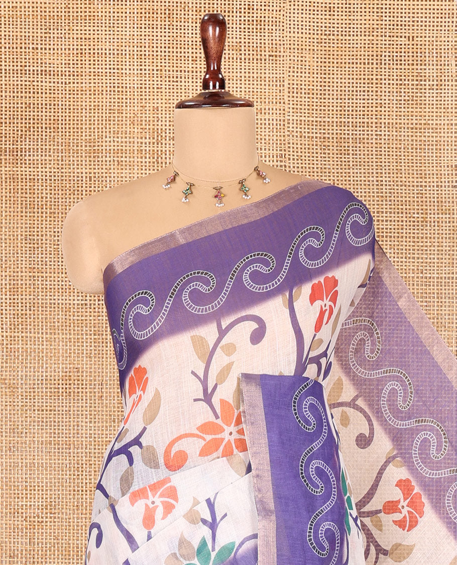 Violet Linen Cotton Saree Features Floral Vine Print, a Contrast Border, Paisley-Printed Pallu, and a Contrast Blouse