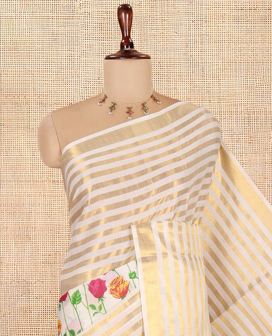 Cream Kerala Cotton Saree, Adorned with Floral Print, Highlighted by Horizontal Zari Striped Border, a Matching Blouse