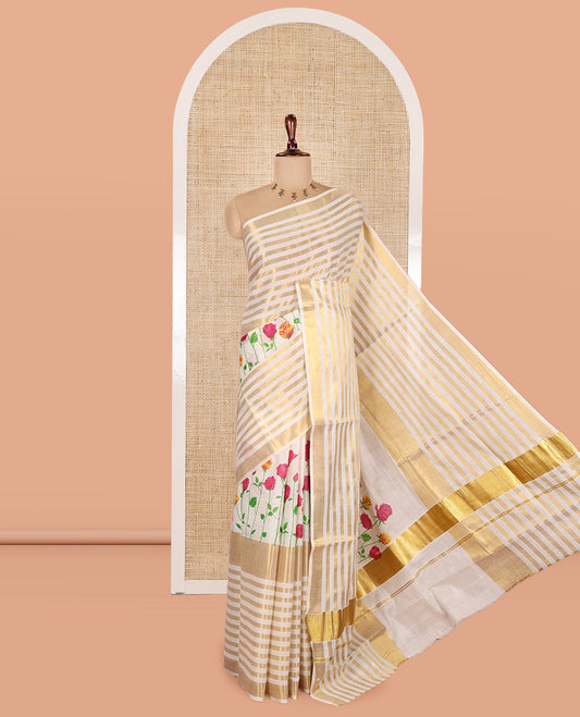 Cream Kerala Cotton Saree, Adorned with Floral Print, Highlighted by Horizontal Zari Striped Border, a Matching Blouse