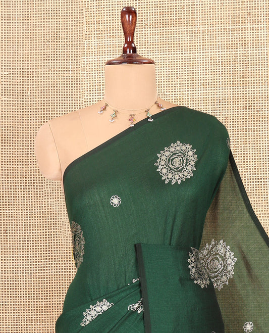 Borderless Bottle Green Vichitra Silk Saree, Enriched with Circle Buttas, a Self-Pallu, and No Blouse