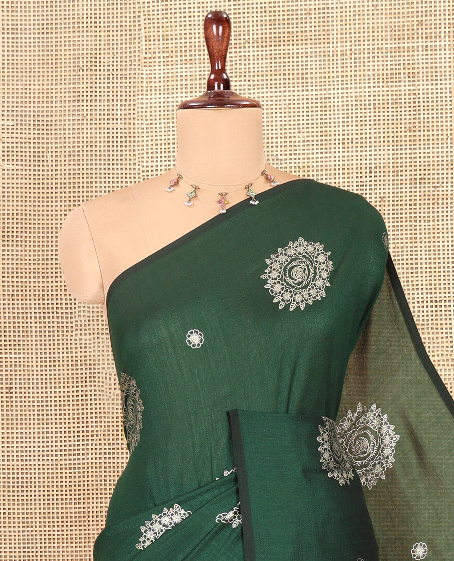 Borderless Bottle Green Vichitra Silk Saree, Enriched with Circle Buttas, a Self-Pallu, and No Blouse
