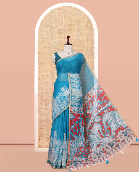 Blue Linen Cotton Saree Features Kalamkari-Style Human Motifs Print, a Piping Border, Contrast Printed Pallu, and Contrast Blouse