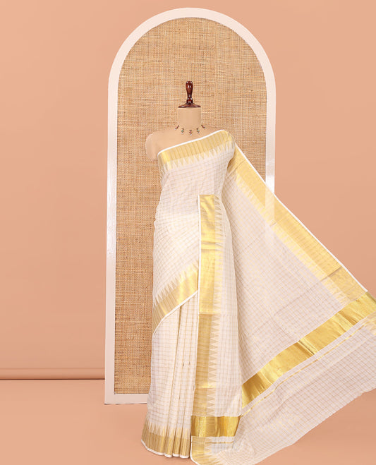 Cream Zari Checked Kerala Tissue Saree, Highlighted by a Zari Border, and a Matching Blouse