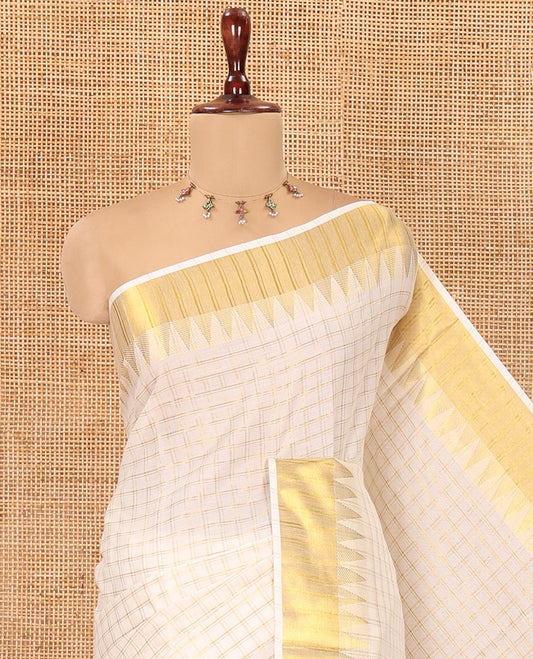 Cream Zari Checked Kerala Tissue Saree, Highlighted by a Zari Border, and a Matching Blouse