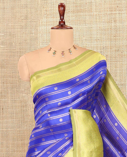 Royal Blue Semi-Kanchi Silk Saree, Embellished with Zari Buttas and Stripes, a Contrast Traditional Zari Border, Jaal Pallu, and a Contrast Blouse