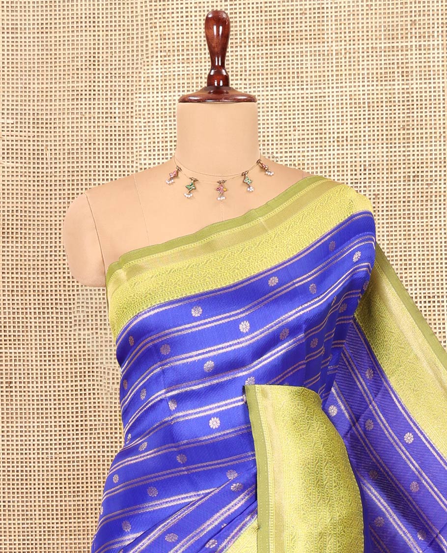 Royal Blue Semi-Kanchi Silk Saree, Embellished with Zari Buttas and Stripes, a Contrast Traditional Zari Border, Jaal Pallu, and a Contrast Blouse