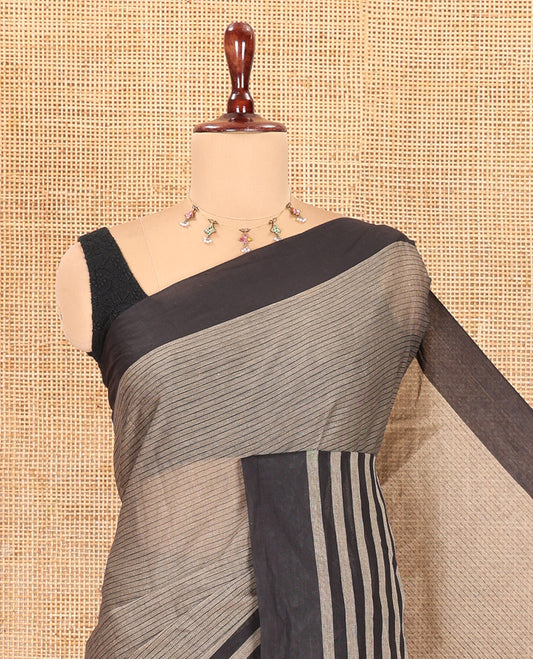 Grey Striped Chettinad Cotton Saree, a Contrast Striped Border, and a Matching Blouse
