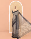 Grey Striped Chettinad Cotton Saree, a Contrast Striped Border, and a Matching Blouse