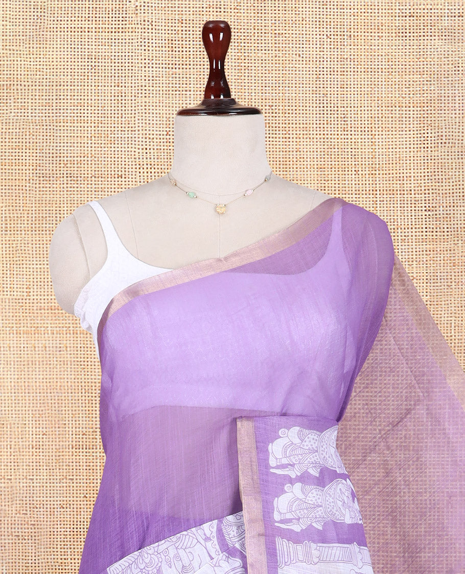 Lavender Linen Cotton Saree Features Kalamkari Human Figurines, a Piping Border, Kalamkari Pallu, Contrast Blouse