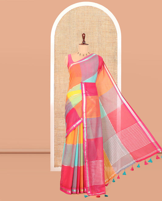 Blue Big Checked Khadi Mul Cotton Saree, a Piping Border, Striped Pallu, and No Blouse
