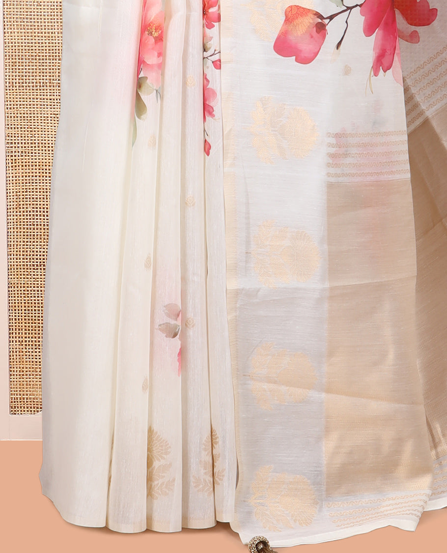 Borderless Cream Chanderi Cotton Saree Features Buttas and Floral Print, Zari-Rich Pallu, and Matching Blouse