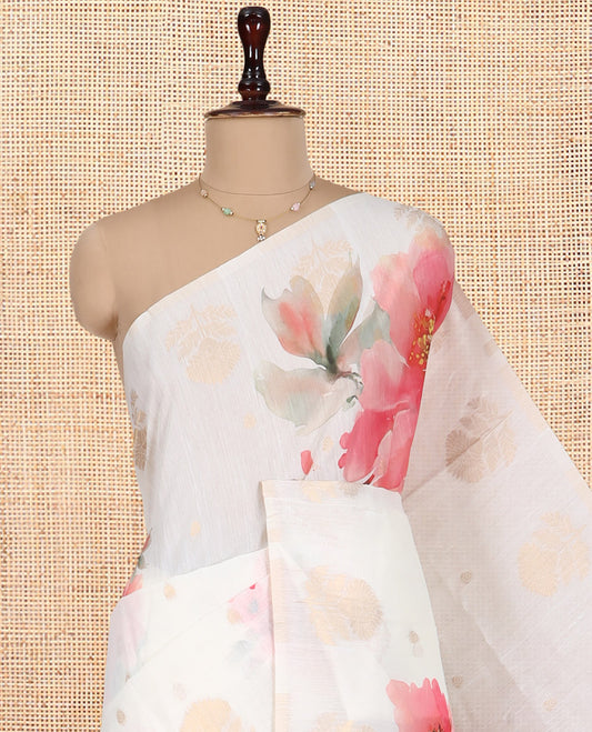 Borderless Cream Chanderi Cotton Saree Features Buttas and Floral Print, Zari-Rich Pallu, and Matching Blouse