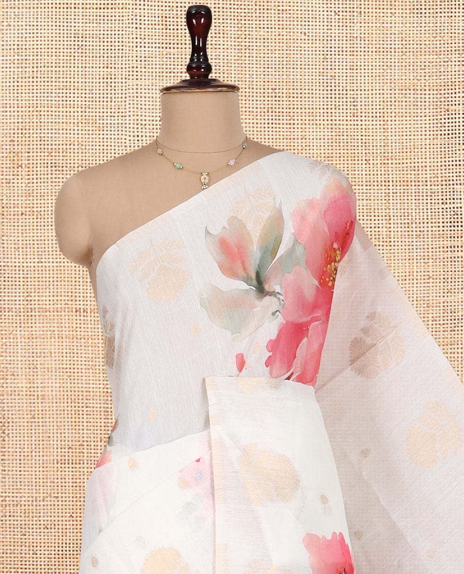 Borderless Cream Chanderi Cotton Saree Features Buttas and Floral Print, Zari-Rich Pallu, and Matching Blouse