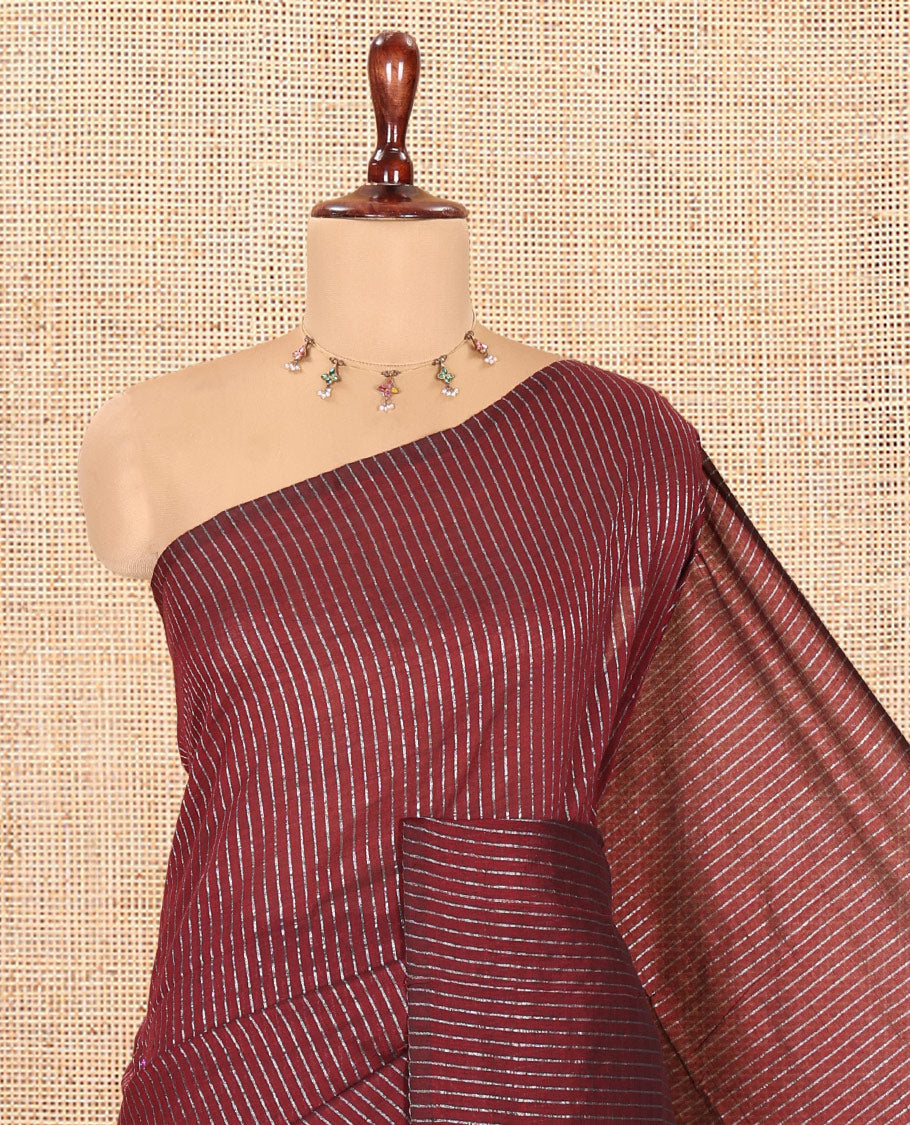 Borderless Maroon Zari Striped Khadi Cotton Saree, Contrast Pallu, and No Blouse