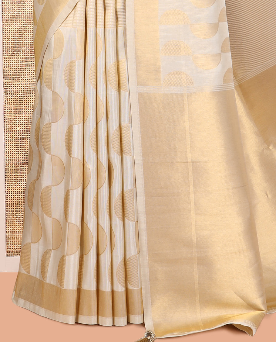 Gold Tissue Saree Adorned with Zari Stripes and Geometric Designs, a Zari Border, a Matching Blouse